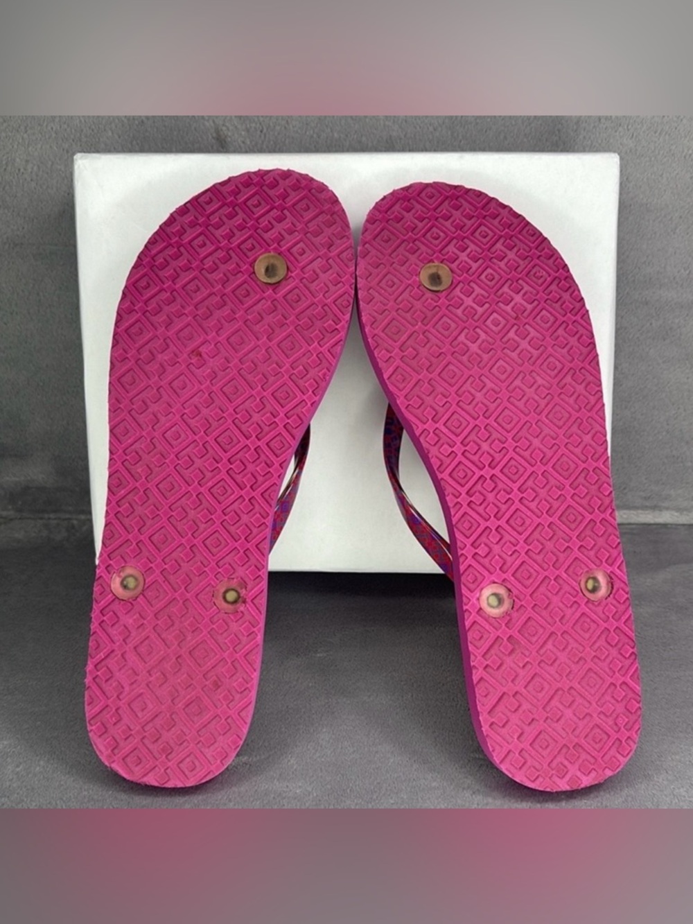Tory Burch Pink and Blue Patterned Logo Flip Flops - Picture 5 of 14